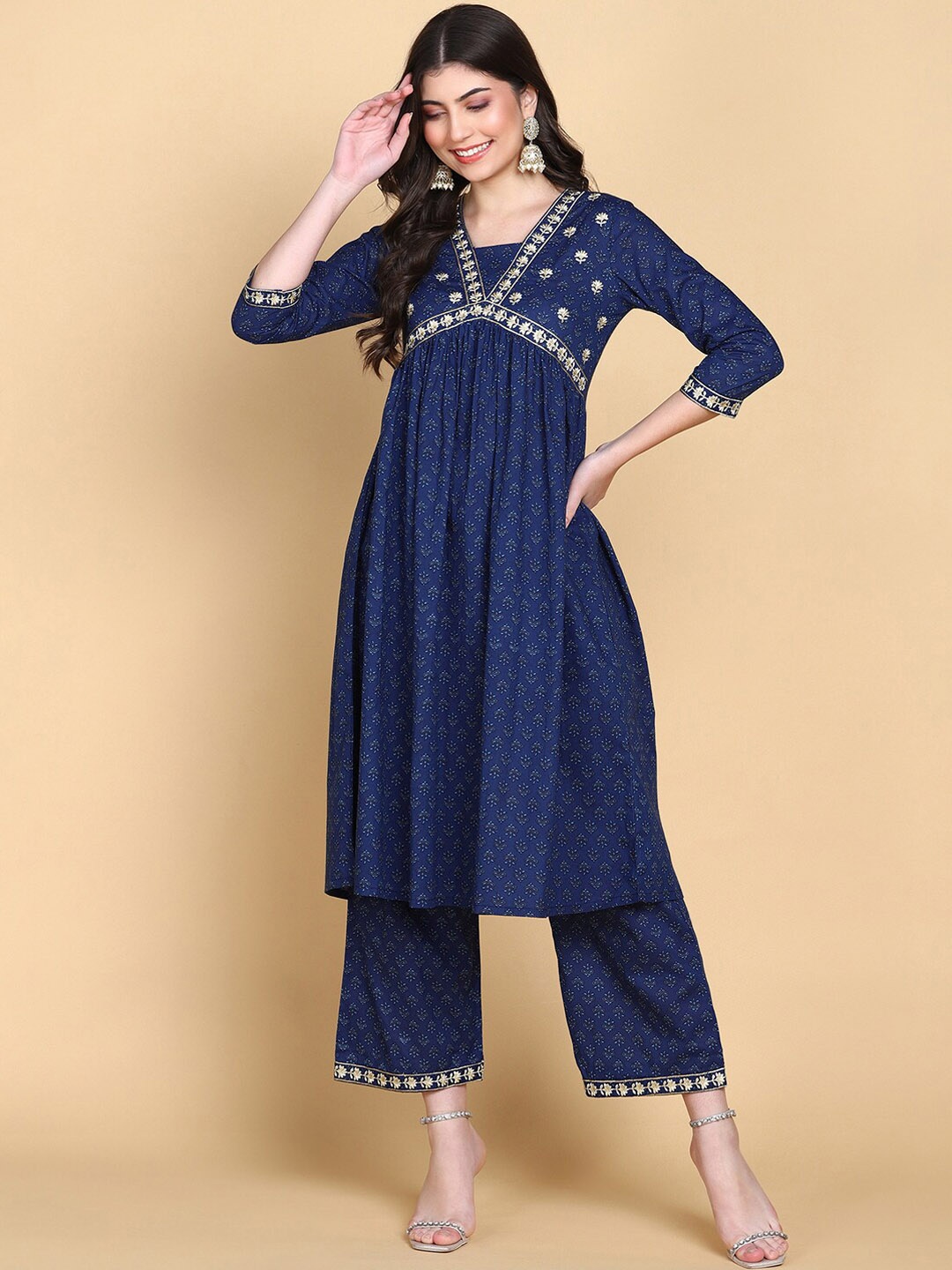 

KALINI Ethnic Motifs Embroidered V-Neck Pure Cotton Kurta with Palazzos, Blue