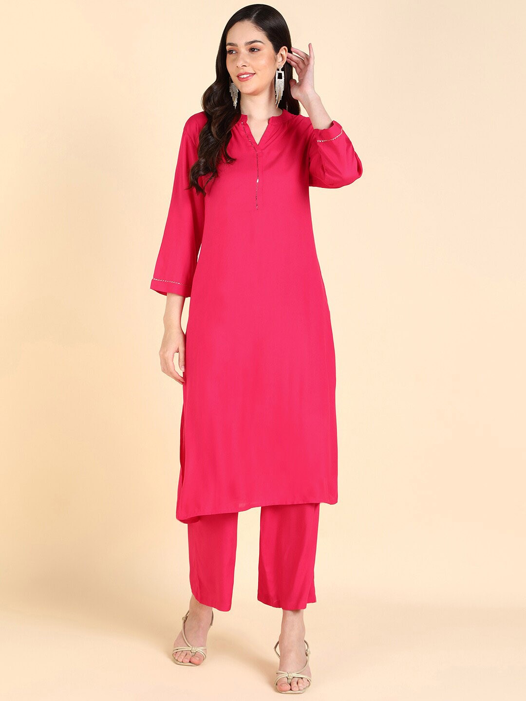 

KALINI Mandarin Collar Gotta Patti Straight Kurta with Palazzos, Pink