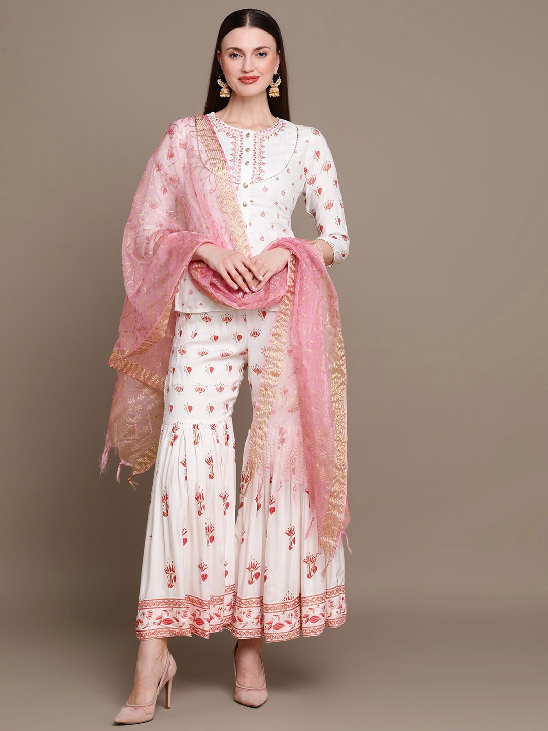 

KALINI Ethnic Motifs Embroidered Regular Kurti with Sharara & Dupatta, White