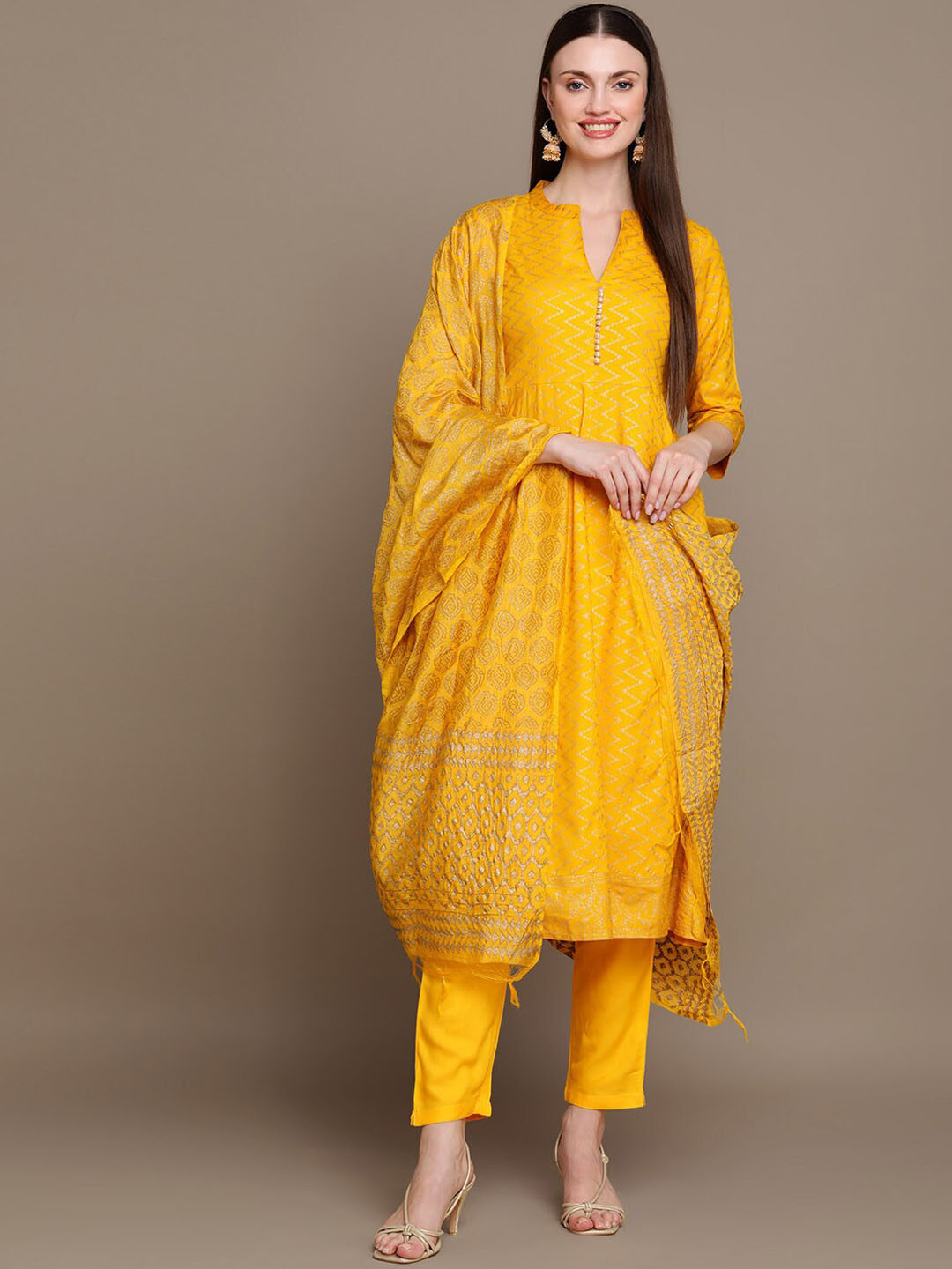 

KALINI Printed Regular Kurta with Trousers & Dupatta, Mustard
