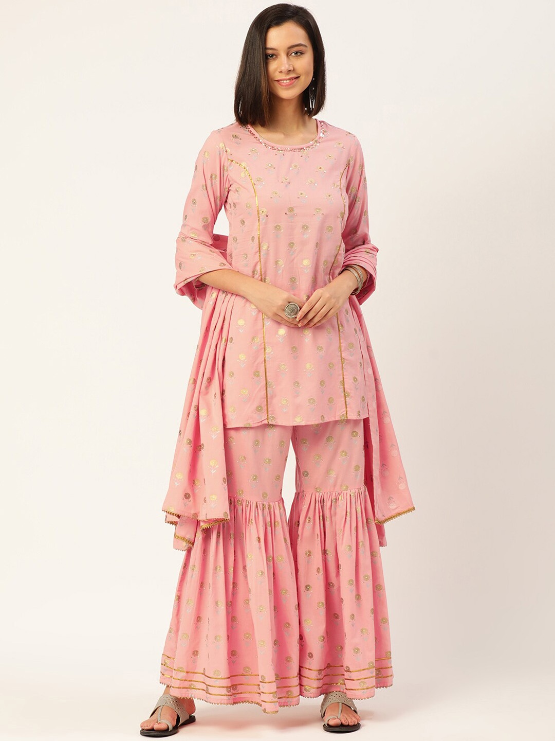 

KALINI Ethnic Motifs Printed Regular Zari Pure Cotton Kurta With Sharara & Dupatta, Peach