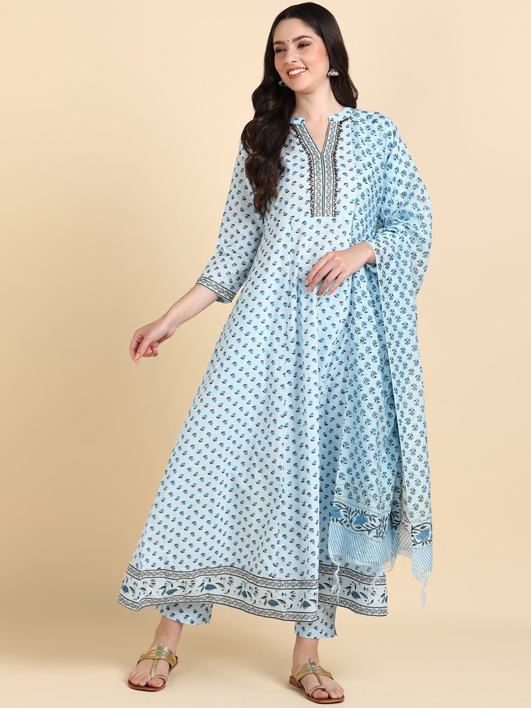 

KALINI Ethnic Motifs Printed Sequinned Pure Cotton Anarkali Kurta with Trousers & Dupatta, Blue