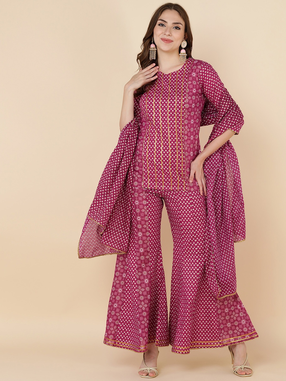 

KALINI Ethnic Motifs Printed Regular Pure Cotton Kurti & Sharara With Dupatta, Magenta