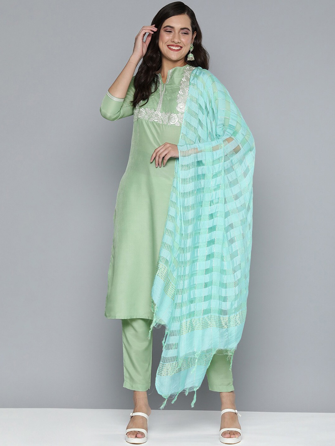 

KALINI Floral Yoke Design Thread Work Straight Kurta & Trousers With Dupatta, Green