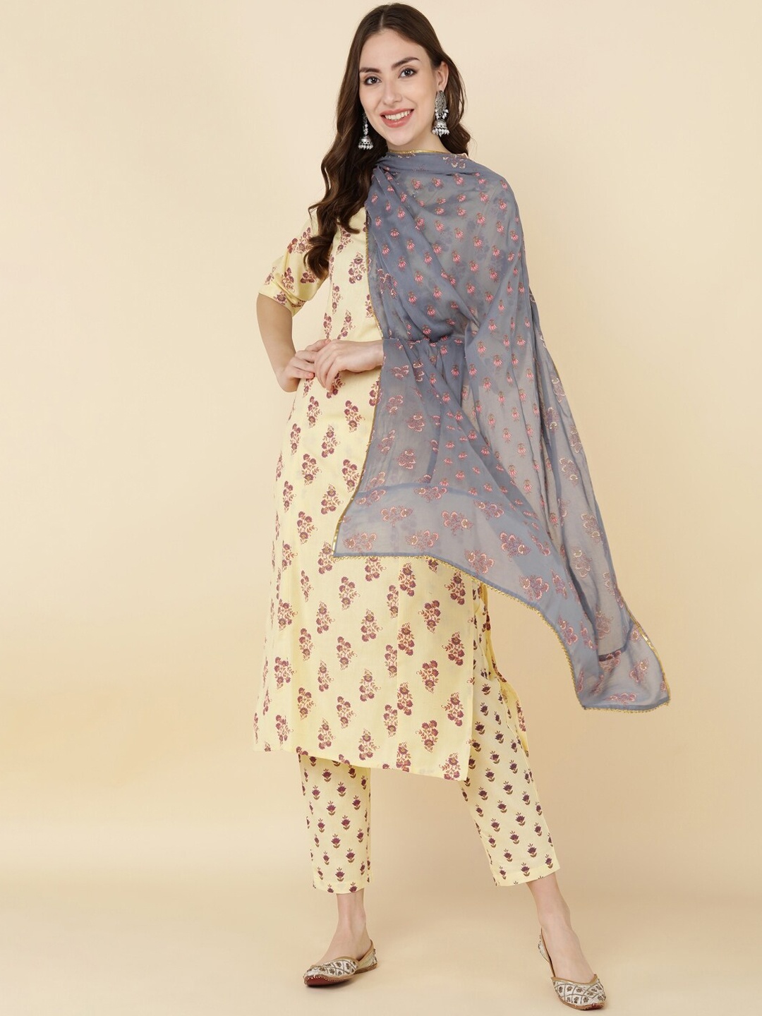 

KALINI Ethnic Motifs Printed Regular Sequinned Kurta with Trousers & Dupatta, Mustard