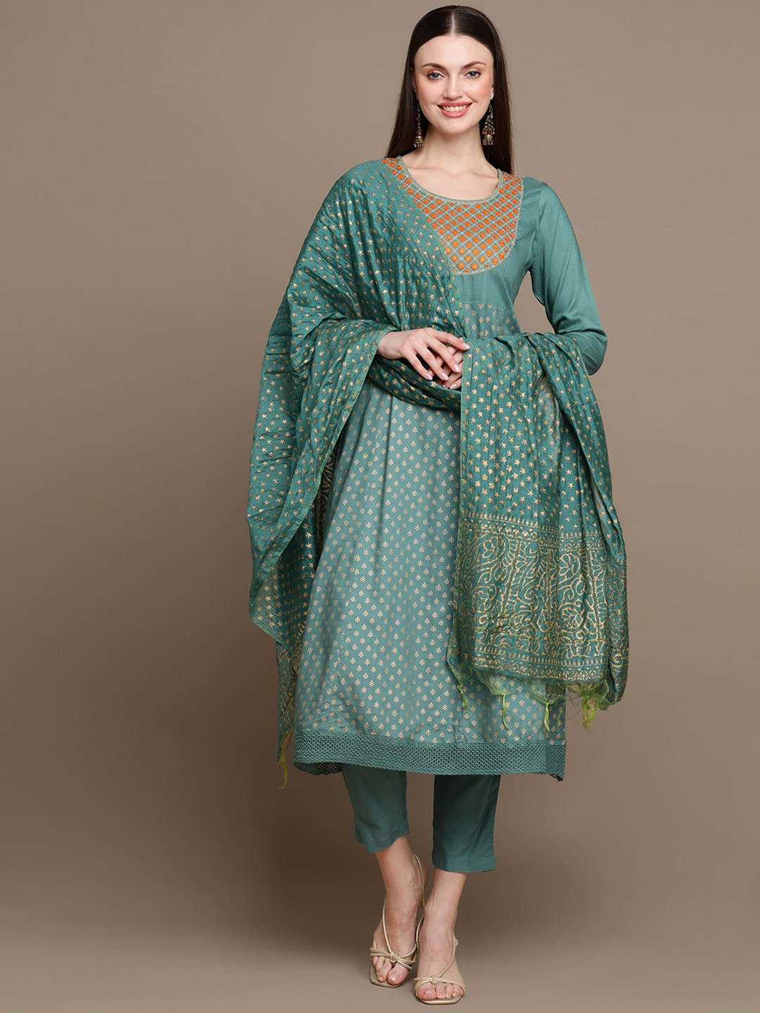 

KALINI Floral Printed Anarkali Kurta with Trousers & With Dupatta, Sea green