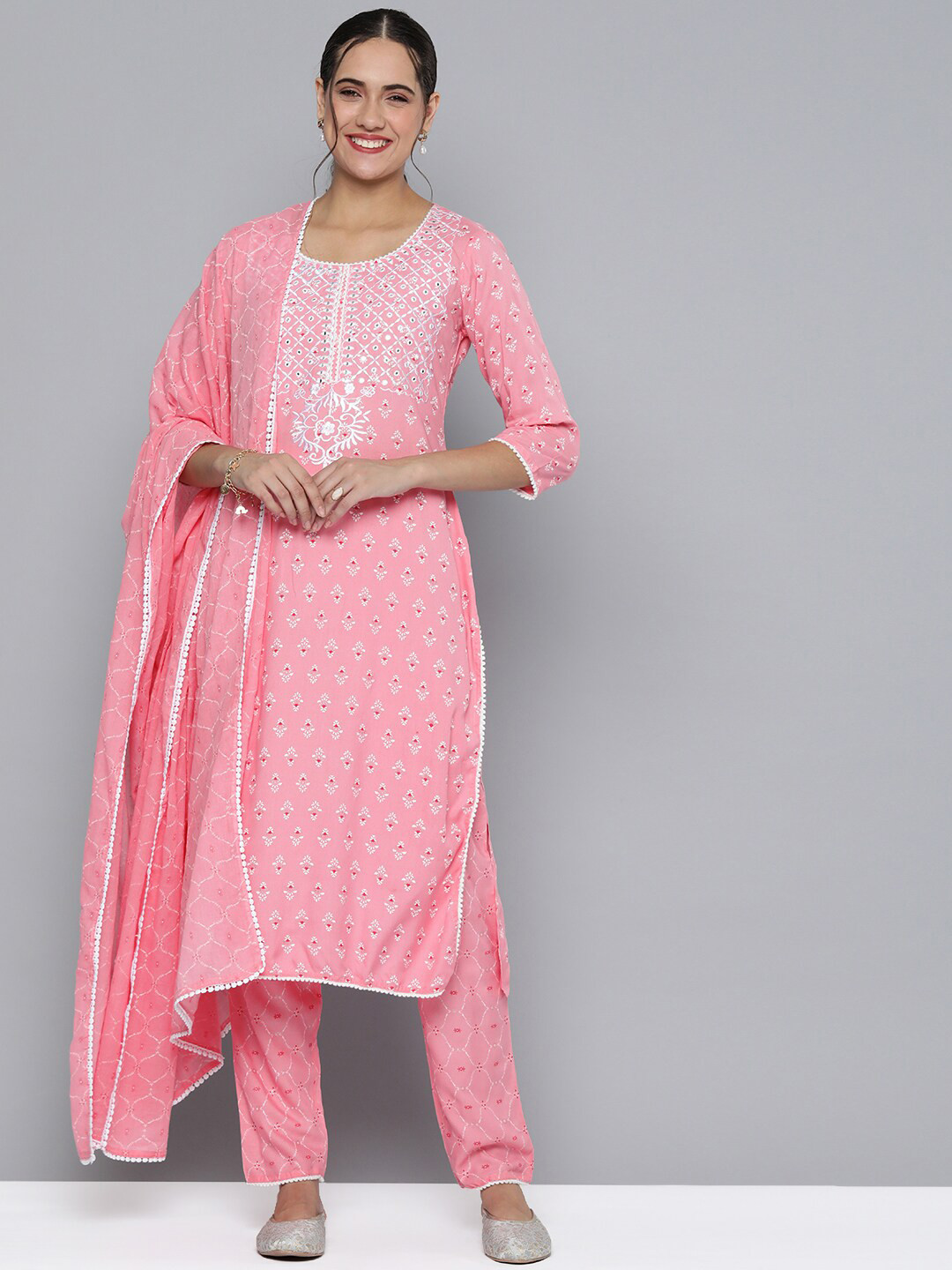 

KALINI Ethnic Motifs Printed Regular Mirror Work Kurta with Trousers & With Dupatta, Pink