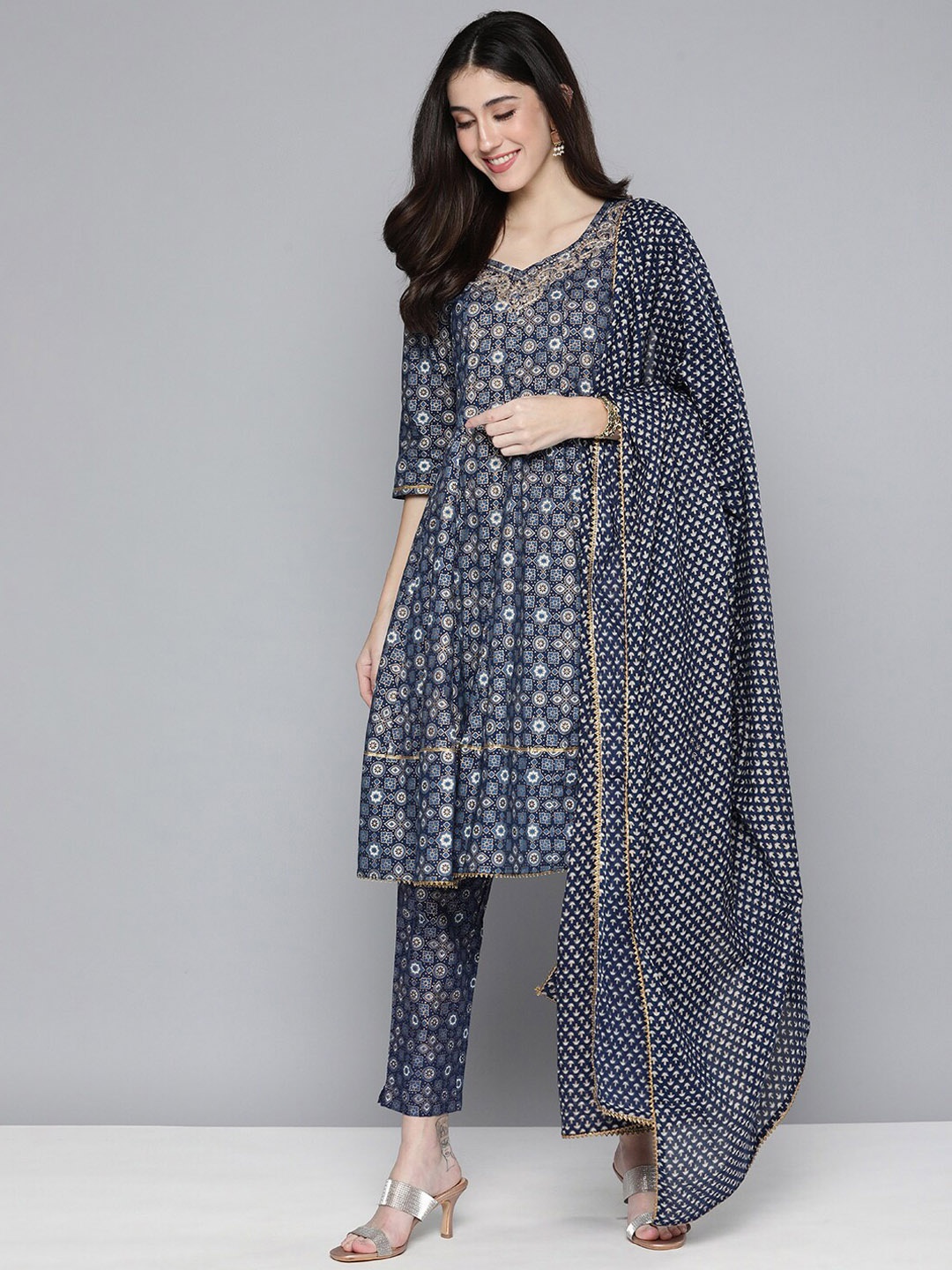 

KALINI Ethnic Motifs Printed Pure Cotton A-Line Kurta With Trousers & Dupatta, Navy blue