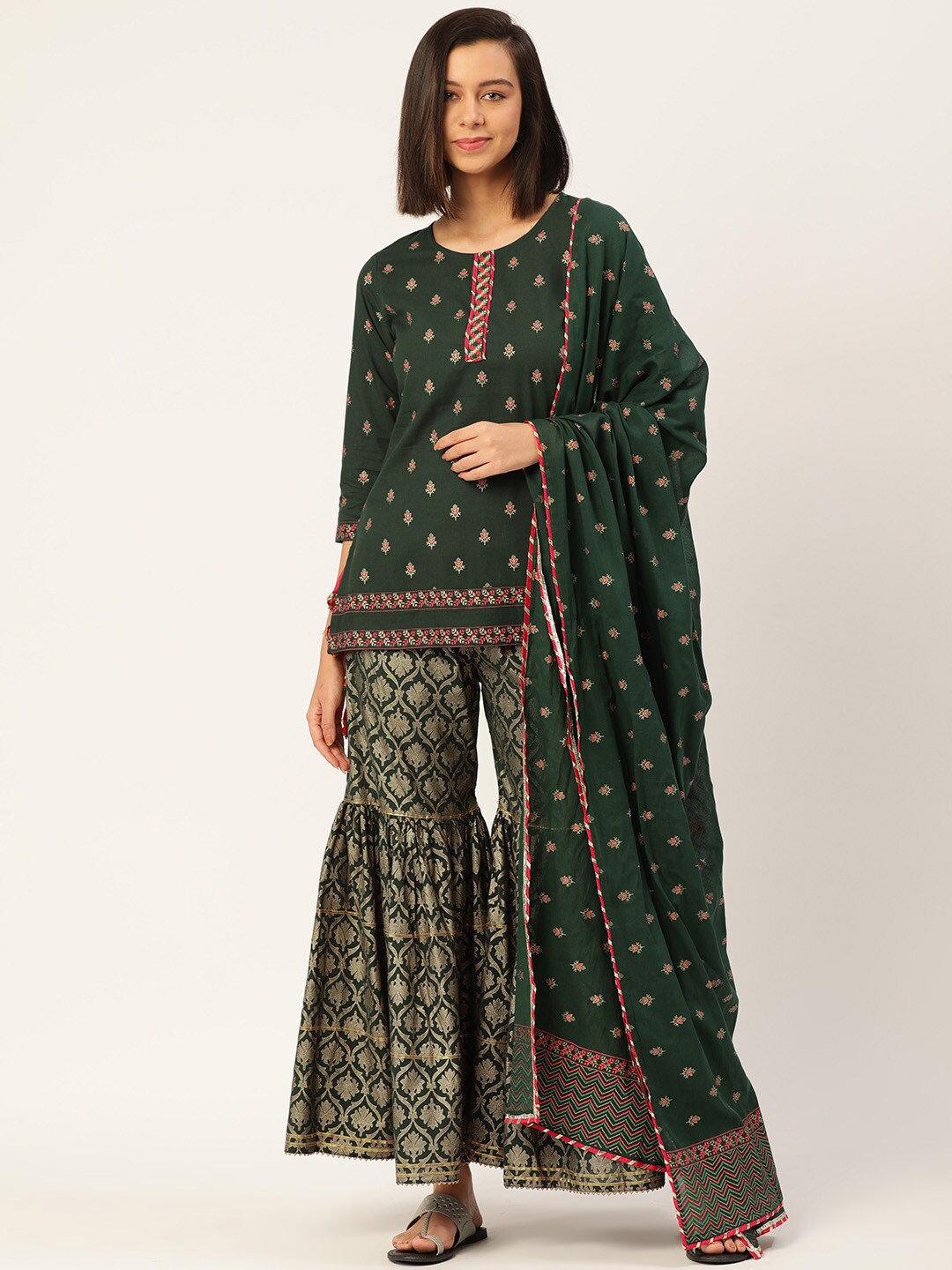 

KALINI Ethnic Motifs Pure Cotton Straight Kurti & Trousers With Dupatta, Green