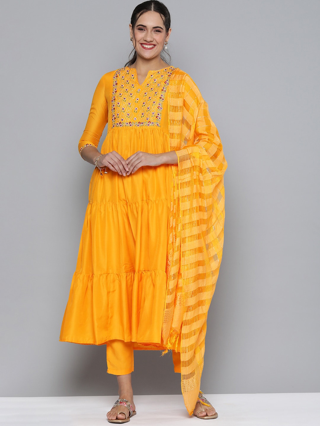 

KALINI Floral Yoke Design Thread Work Kurta & Trousers With Dupatta, Yellow