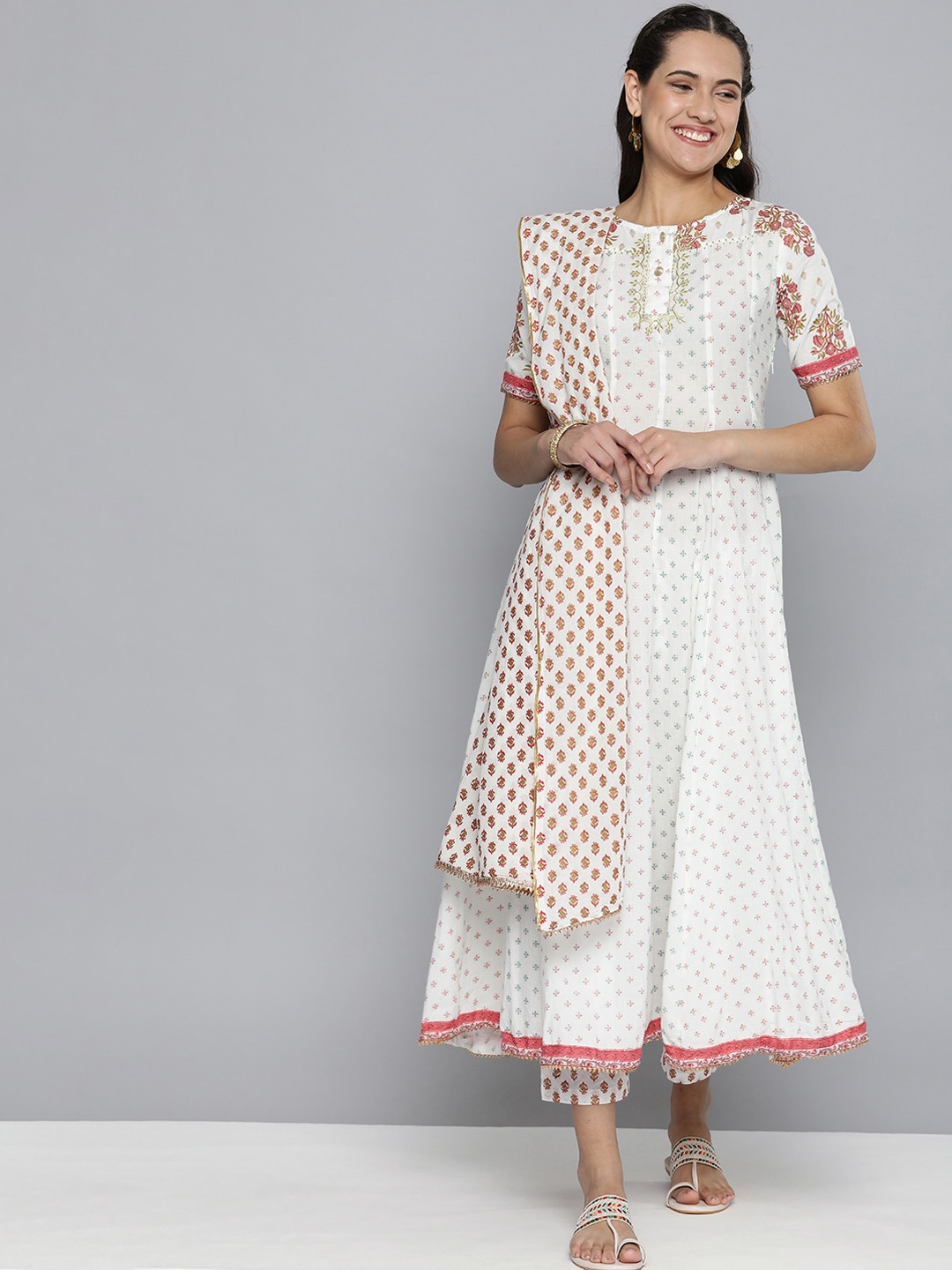 

KALINI Floral Printed Thread Work Pure Cotton Kurta With Trousers & Dupatta, White