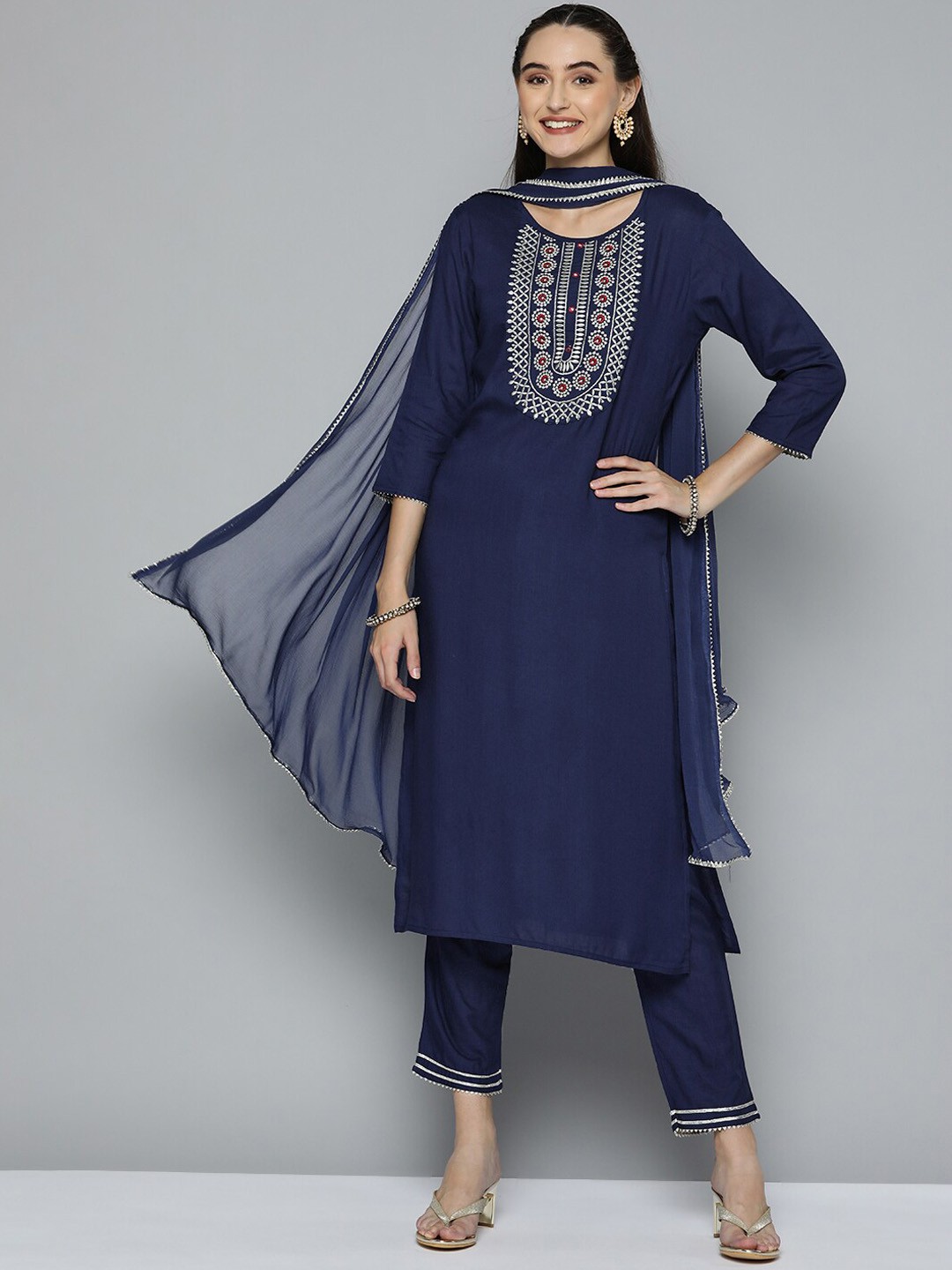

KALINI Floral Yoke Design Regular Gotta Patti Kurta With Trousers & Dupatta, Navy blue