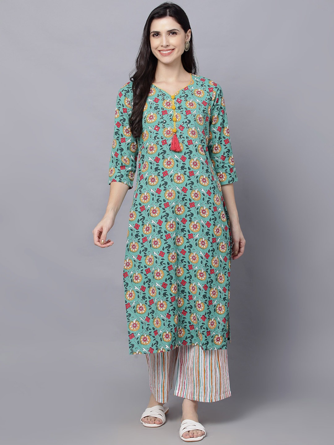 

KALINI Floral Printed Sweetheart Neck Straight Kurta With Palazzos, Green