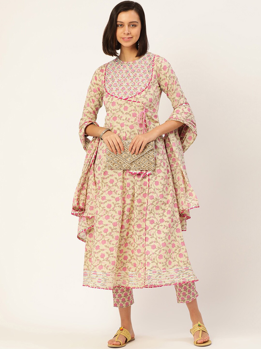 

KALINI Floral Printed Angrakha Mirror Work Pure Cotton Kurta With Trousers & Dupatta, Beige