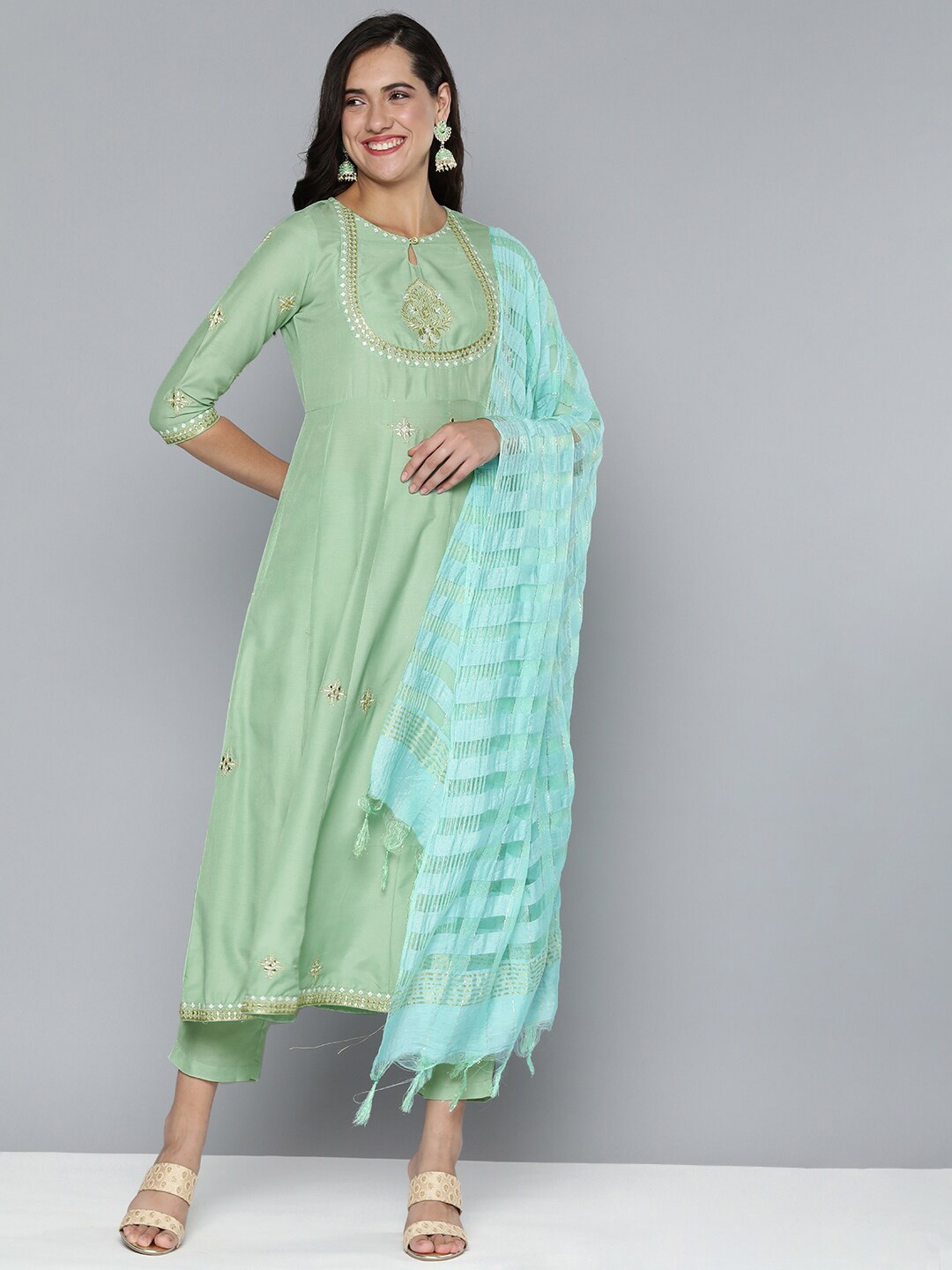 

KALINI Floral Yoke Design Empire Thread Work Kurta With Trousers & Dupatta, Green