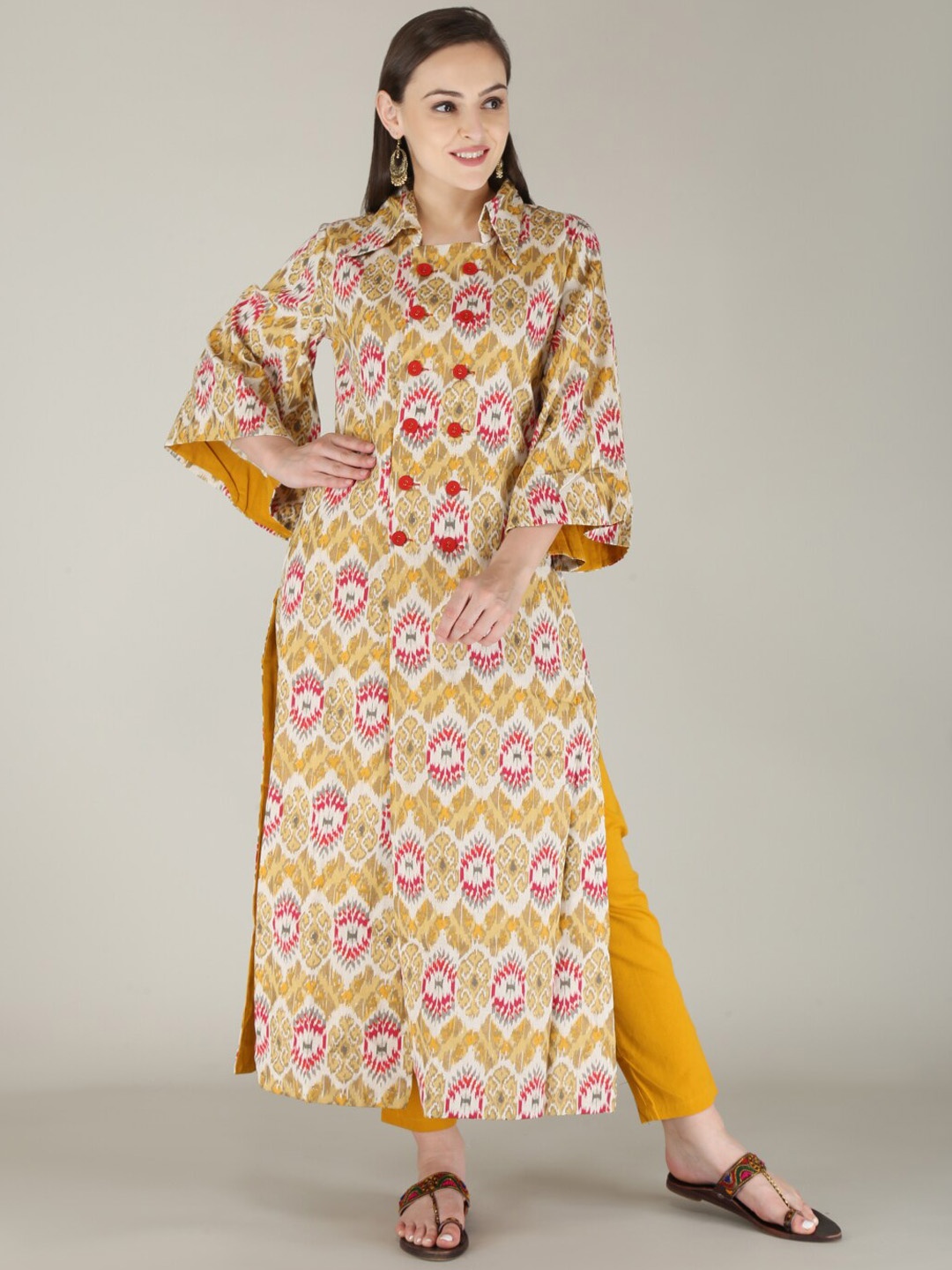 

KALINI Ethnic Motifs Printed Bell Sleeves Regular Kurta With Trousers, Yellow