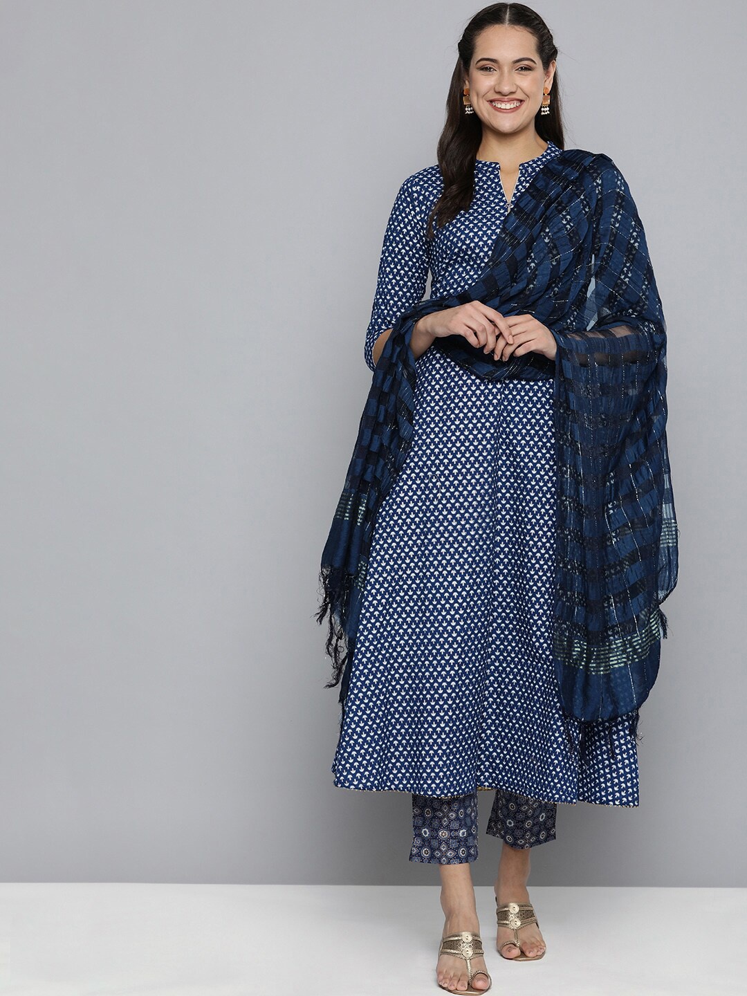 

KALINI Ethnic Motifs Printed Regular Pure Cotton Kurta With Trousers & Dupatta, Navy blue