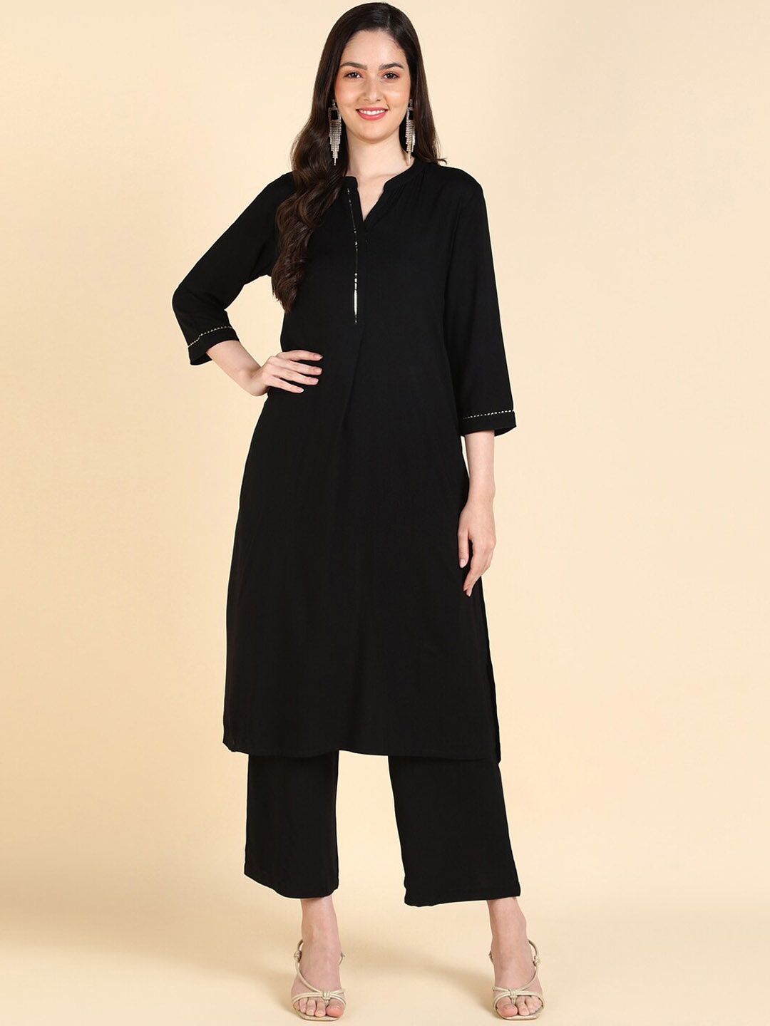 

KALINI Mandarin Collar With Sequinned Straight Kurta with Palazzos, Black