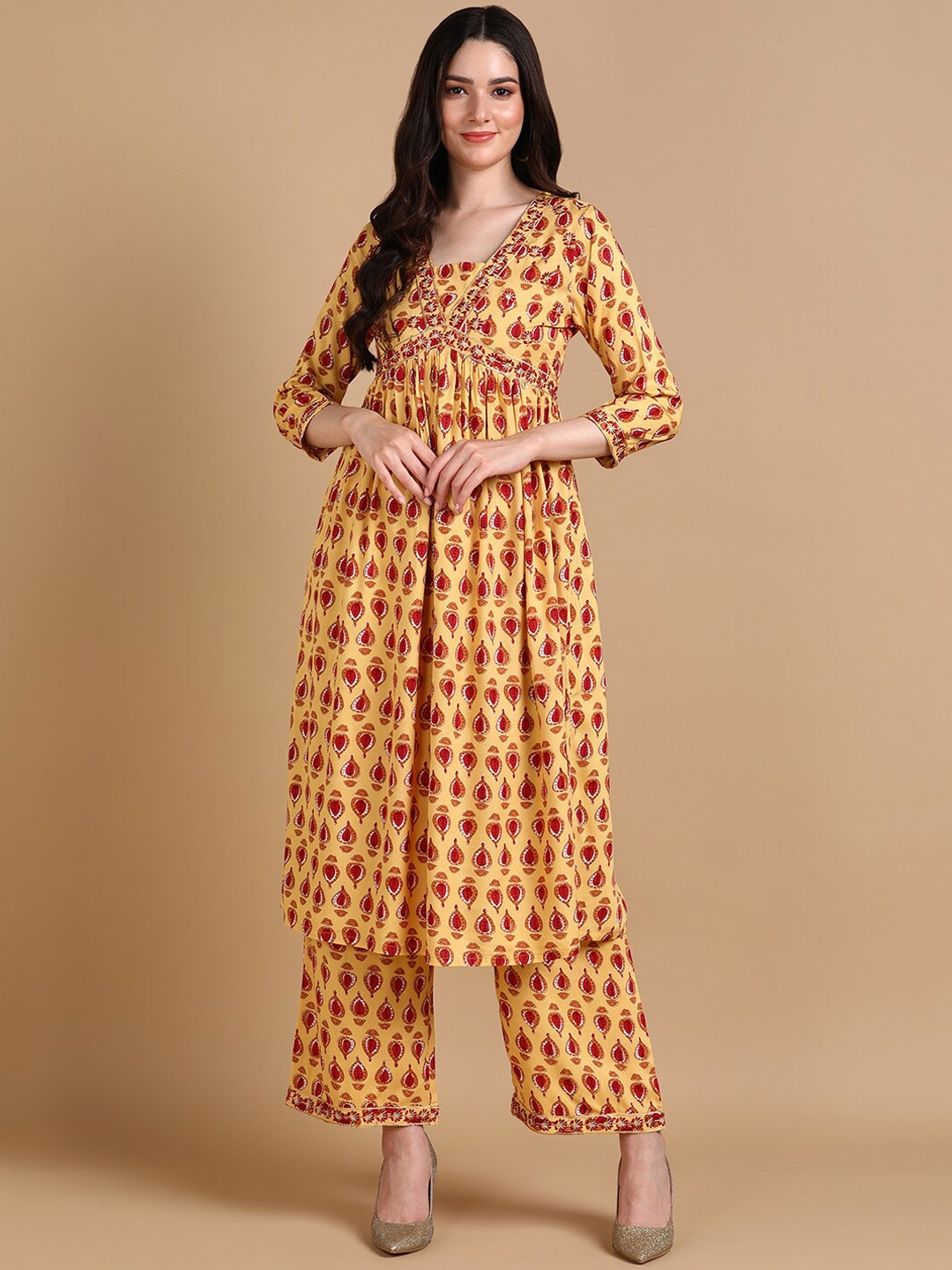 

KALINI Floral Printed Empire A-Line Kurta With Palazzos, Yellow