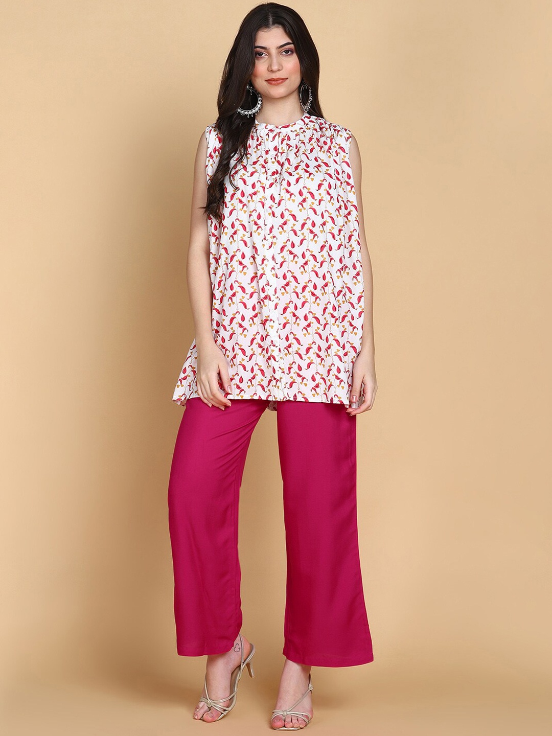 

KALINI Floral Printed Regular Kurti with Palazzos, White