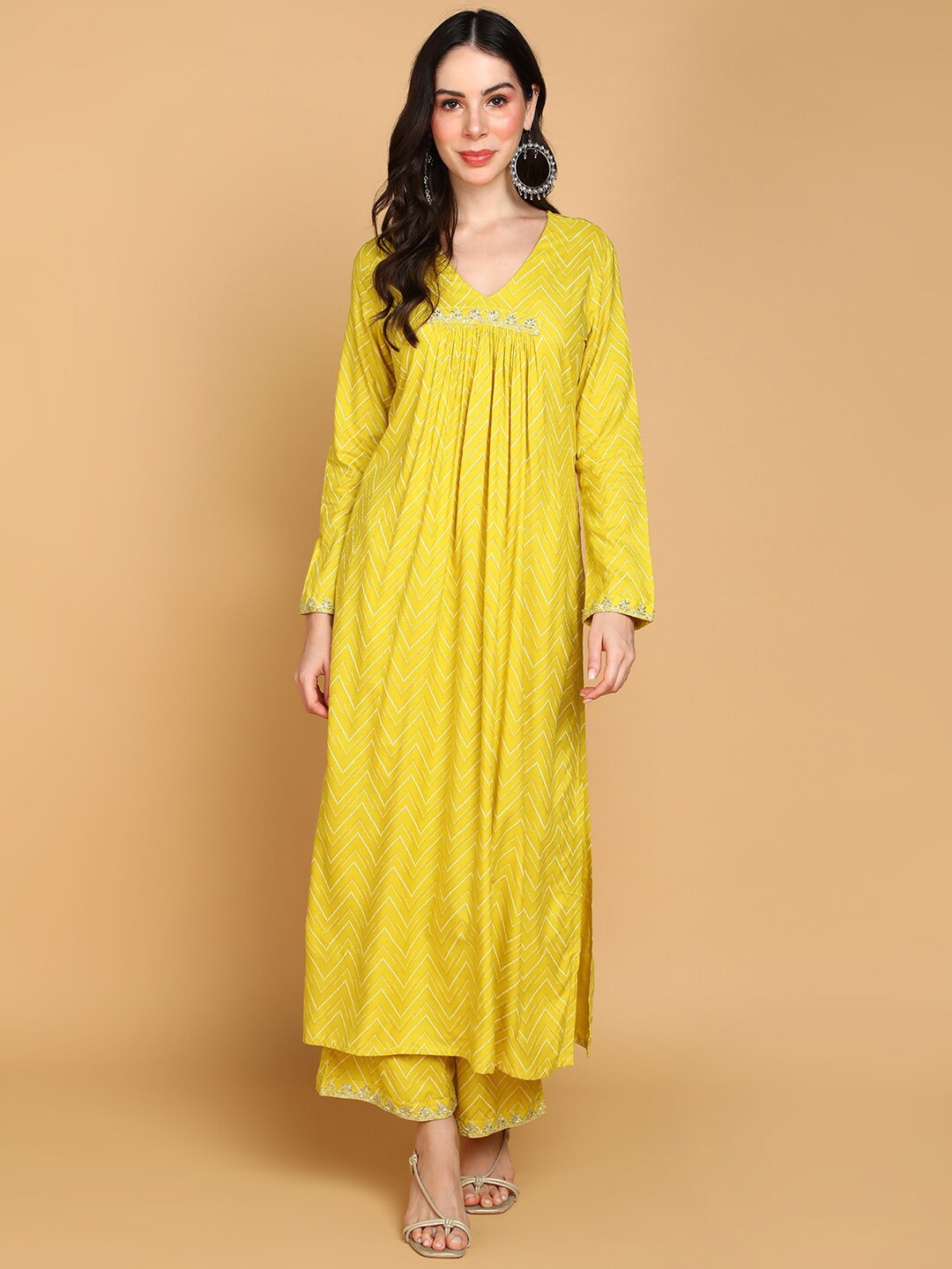 

KALINI Chevron Printed Regular Aari Work Kurta With Palazzos, Yellow