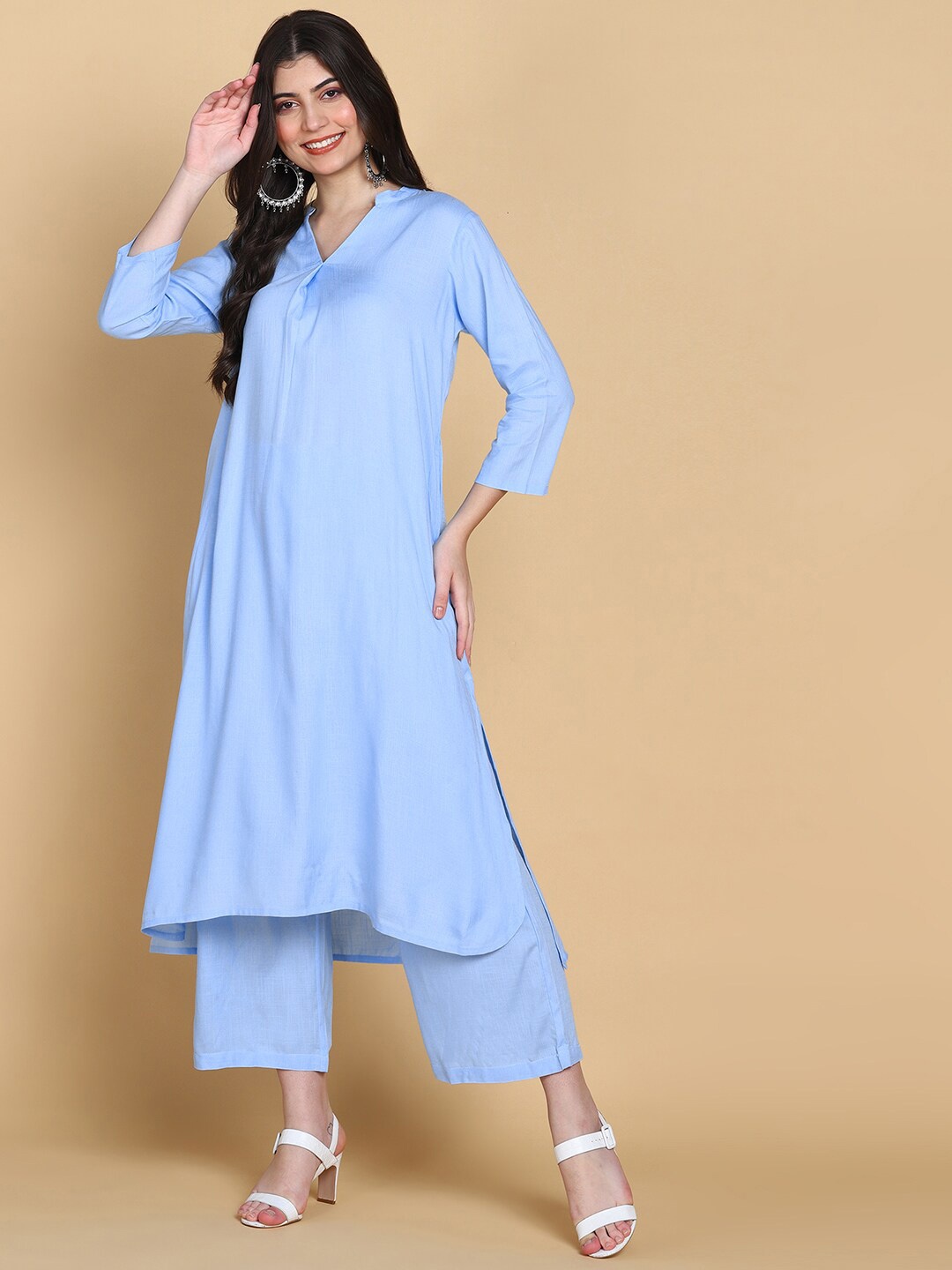 

KALINI Mandarin Collar Three-Quarter Sleeves High Low Kurta & Palazzos, Blue