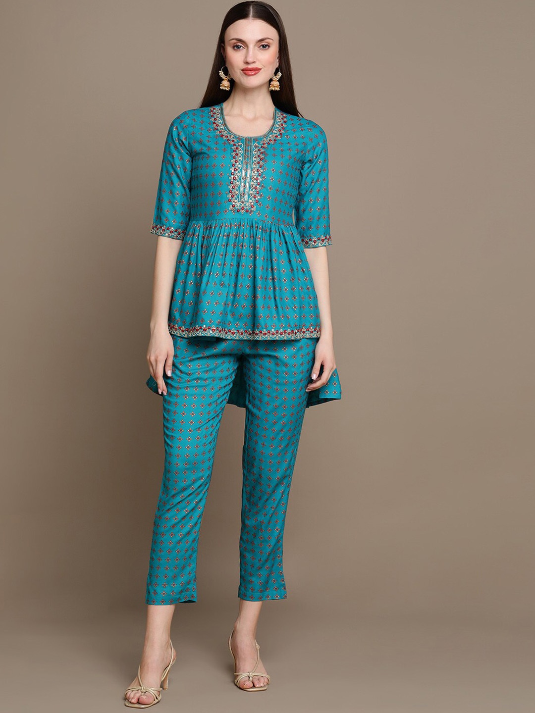 

KALINI Floral Printed Empire Kurti With Trousers, Blue