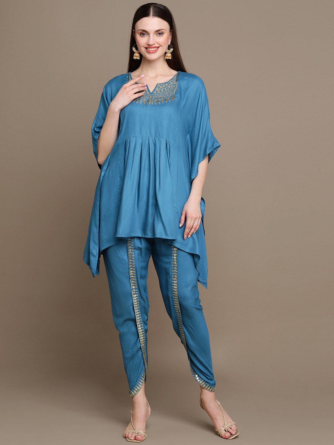 

KALINI Floral Yoke Design Regular Thread Work Kurti with Dhoti Pants, Blue