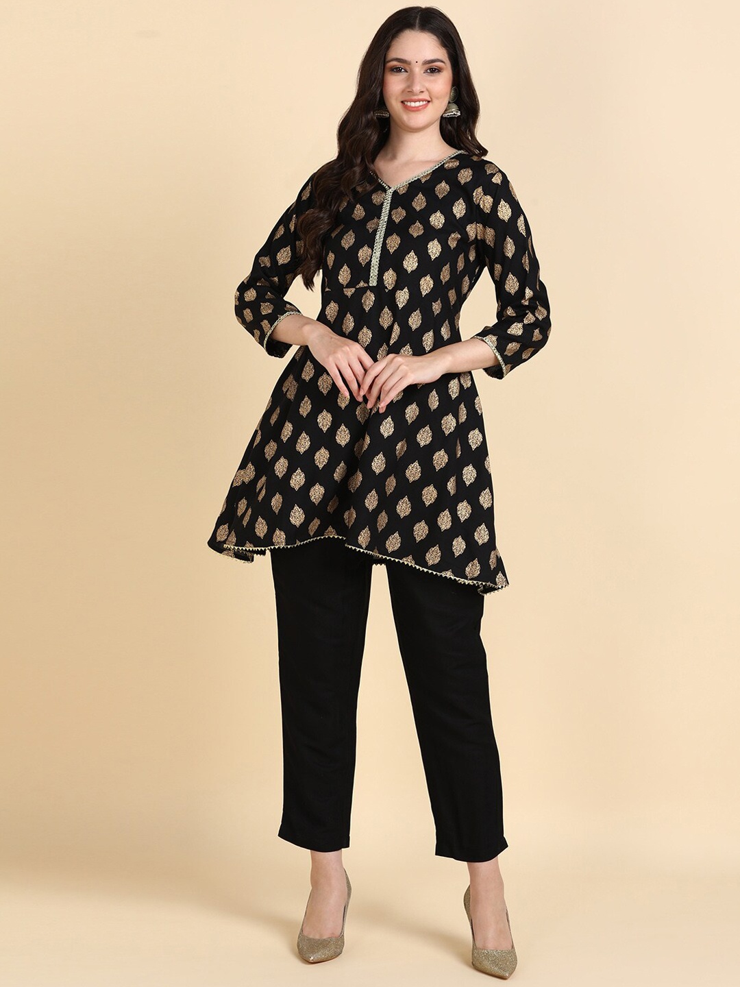 

KALINI Ethnic Motifs Printed Regular Gotta Patti Kurta with Trousers, Black