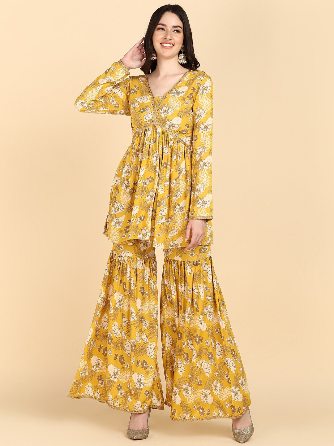 

KALINI Floral Printed V-Neck Gathered Empire Kurta with Sharara, Mustard