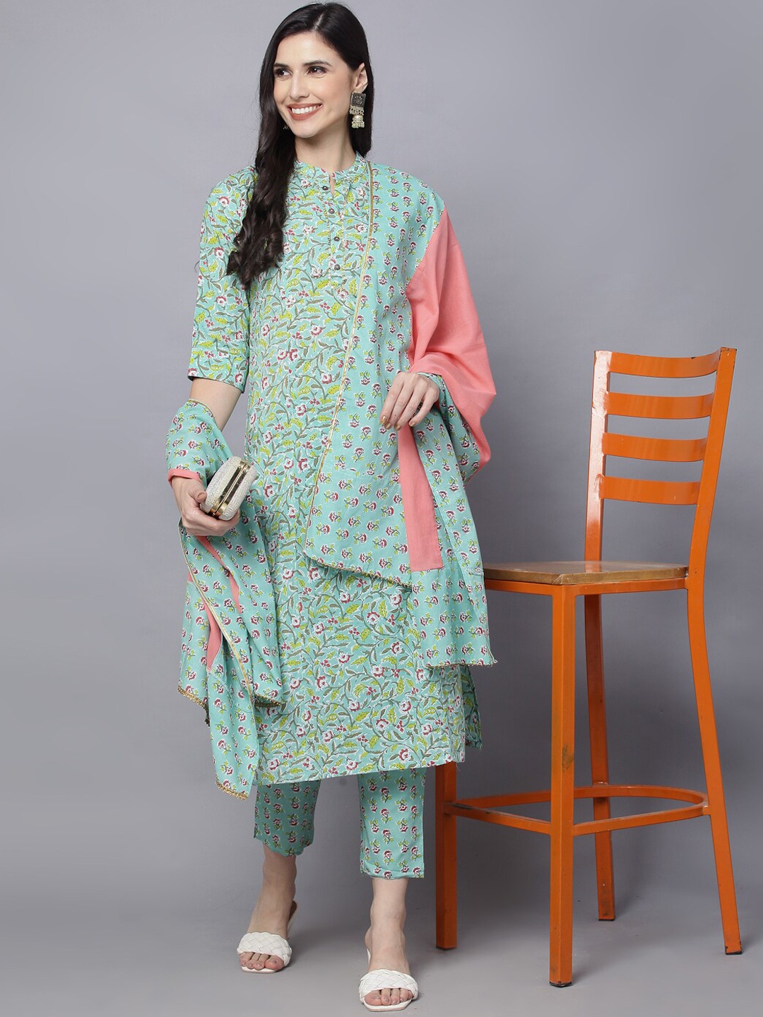 

KALINI Floral Printed Regular Pure Cotton Kurta With Trousers & Dupatta, Green