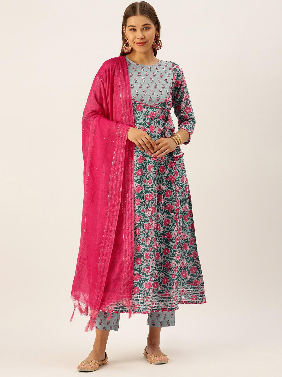 

KALINI Floral Printed Empire Gotta Patti Pure Cotton Kurta with Trousers & With Dupatta, Pink