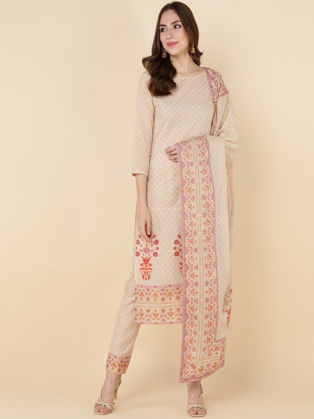 

KALINI Printed Regular Pure Cotton Kurta with Trousers & Dupatta, Beige