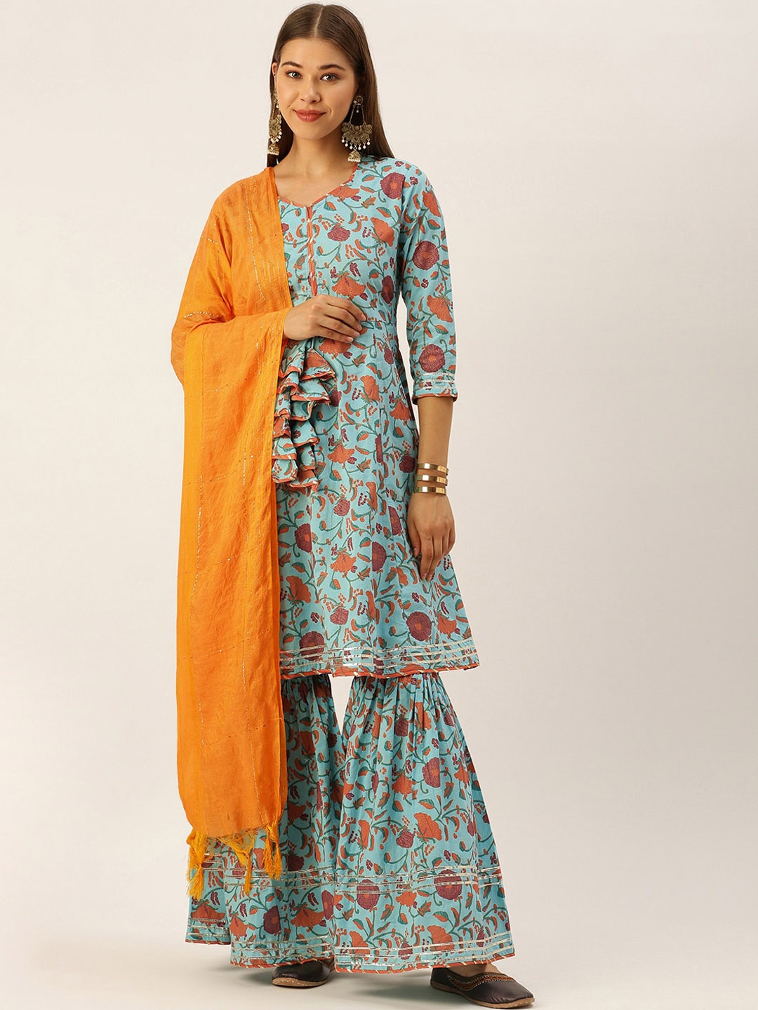 

KALINI Floral Printed Gotta Patti Detailed Pure Cotton A-Line Kurta & Sharara With Dupatta, Blue