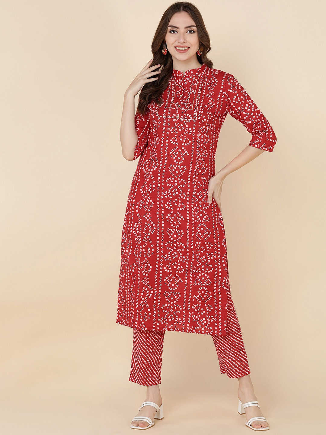 

KALINI Bandhani Printed Regular Sequinned Pure Cotton Kurta with Trousers, Red