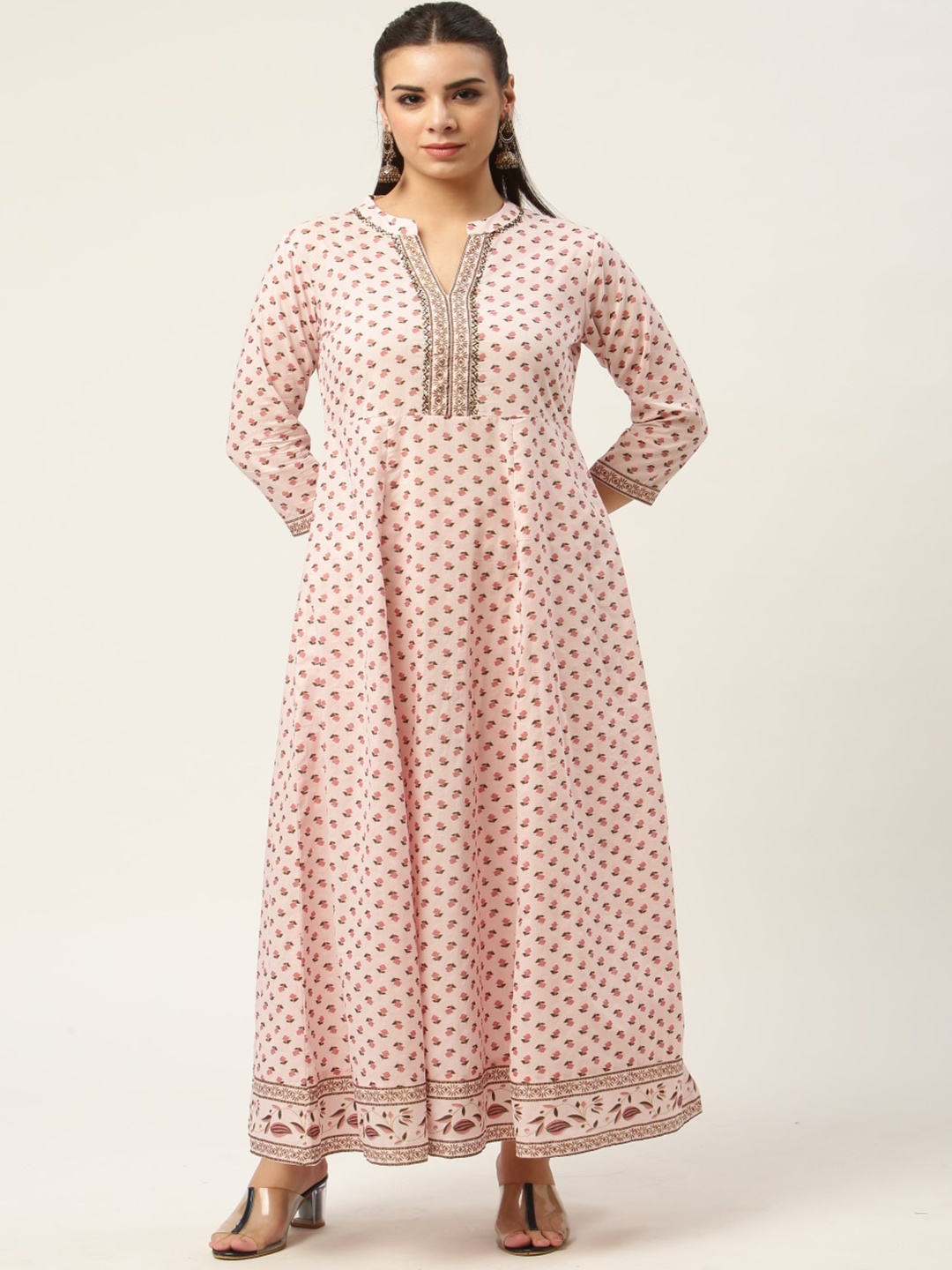 

KALINI Ethnic Motifs Printed Mandarin Collar Anarkali Kurta with Trousers, Pink