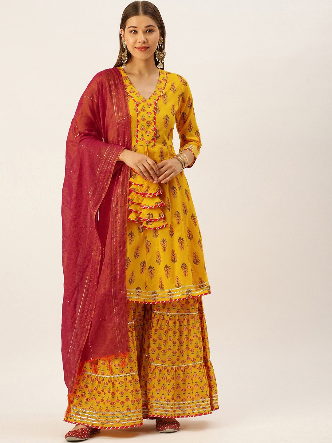 

KALINI Ethnic Motifs Printed Panelled A-Line Kurta & Sharara With Dupatta, Yellow