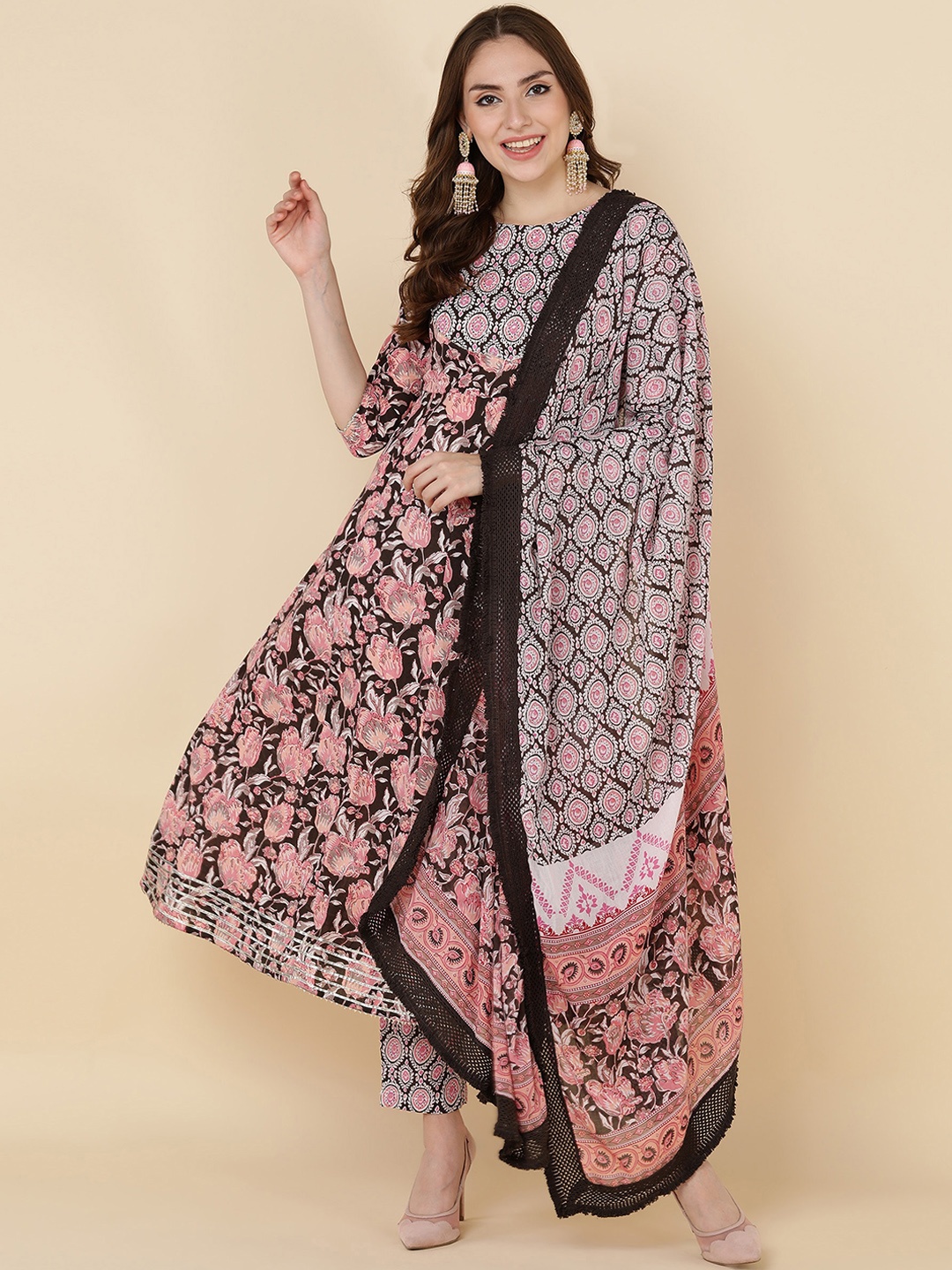 

KALINI Floral Printed Regular Pure Cotton Kurta With Trousers & Dupatta, Black