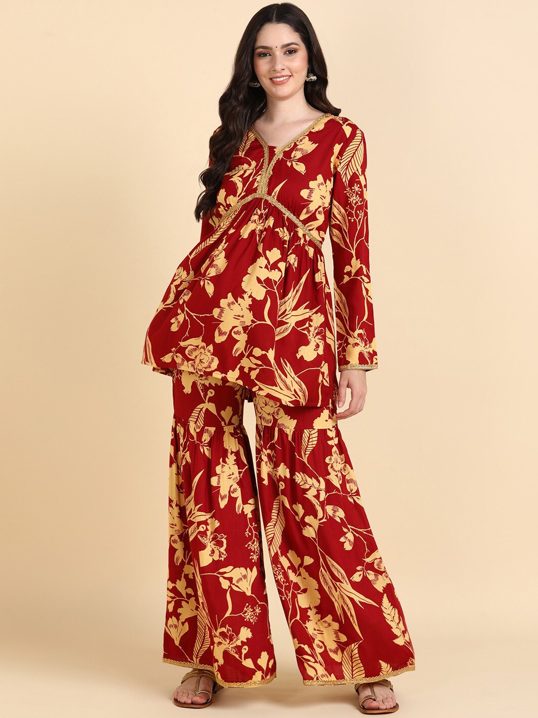 

KALINI Floral Printed Empire Gotta Patti Kurta with Sharara, Rust