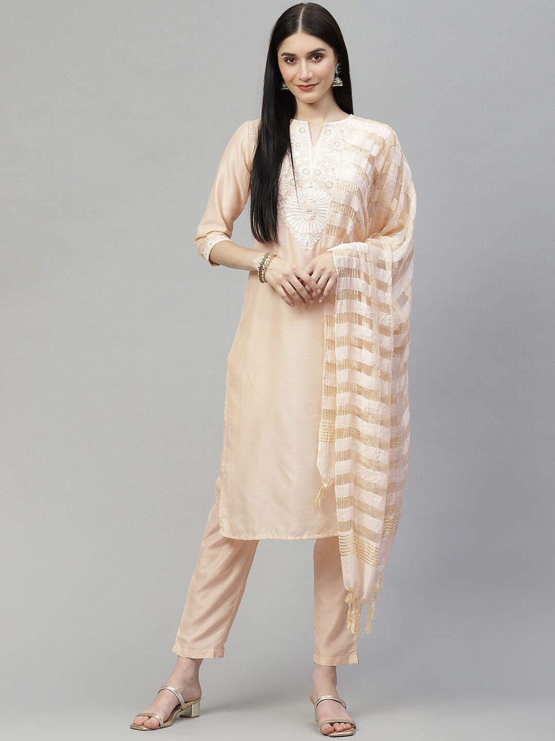 

KALINI Floral Embroidered Regular Kurta with Trousers & Dupatta, Cream