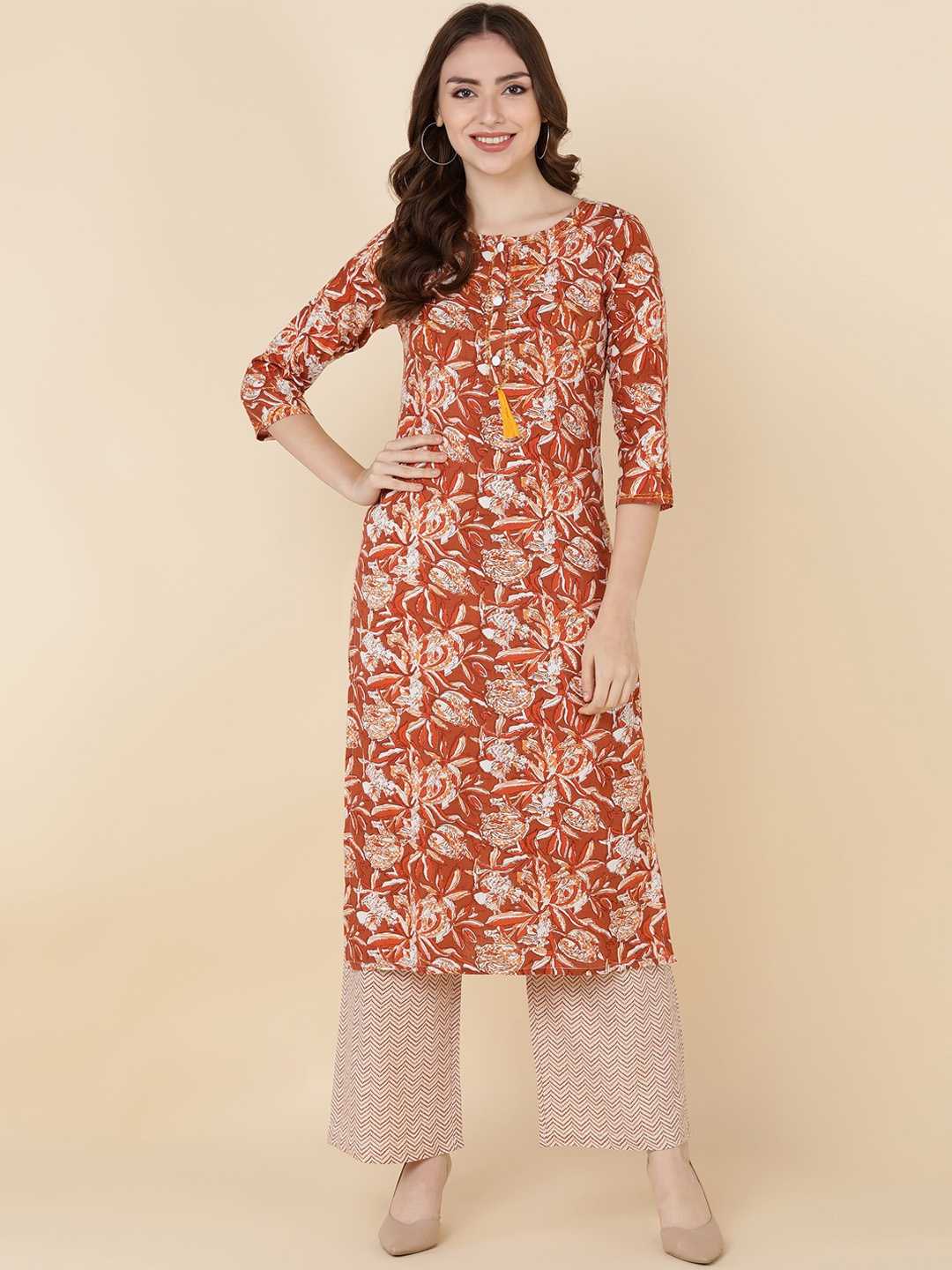 

KALINI Floral Printed Kurta with Palazzos, Brown