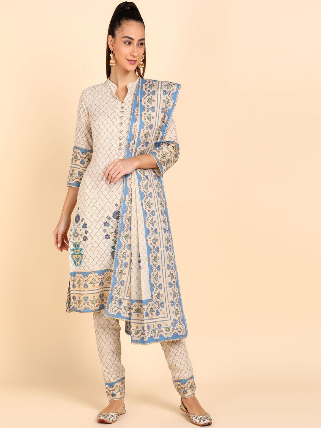 

KALINI Ethnic Motifs Printed Pure Cotton Kurta & Trousers With Dupatta, Blue