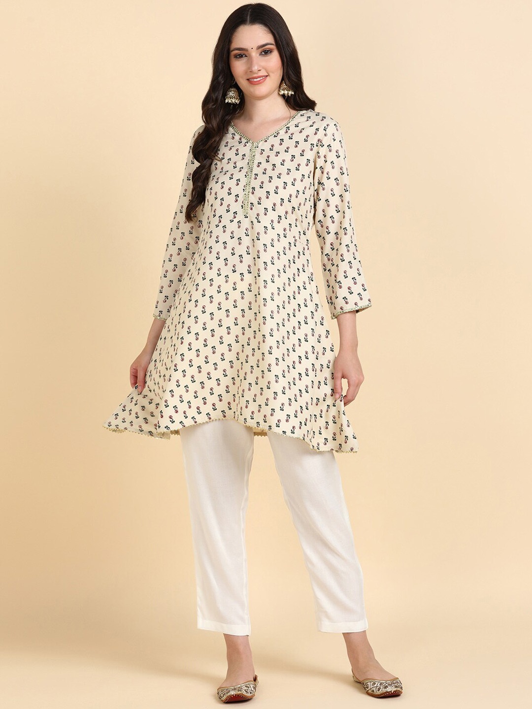 

KALINI Ethnic Motifs Printed A-Line Kurta with Trousers, Off white