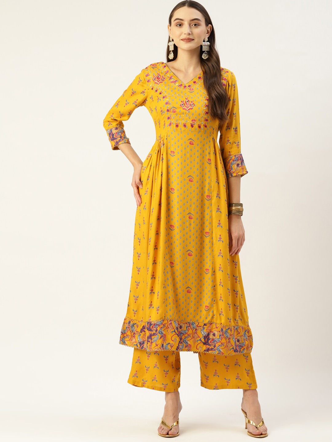 

KALINI Ethnic Motifs Printed Thread Work Anarkali Kurta with Trousers, Yellow