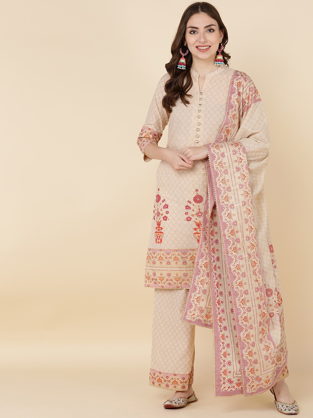 

KALINI Ethnic Motifs Printed Regular Pure Cotton Kurta with Palazzo & With Dupatta, Beige