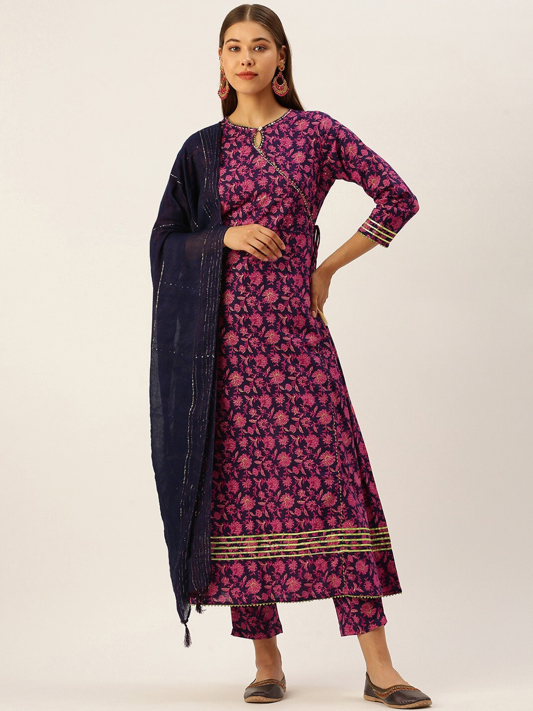 

KALINI Floral Printed Sequinned & Gotta Patti Pure Cotton Kurta with Trousers & Dupatta, Navy blue