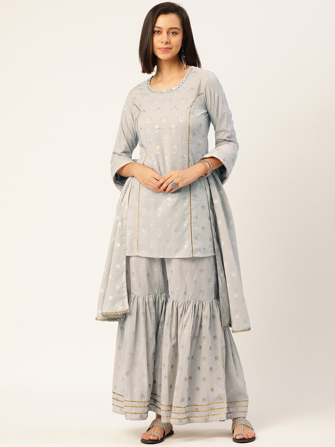 

KALINI Ethnic Motifs Printed Gotta Patti Sequined Pure Cotton Kurti With Sharara & Dupatta, Grey