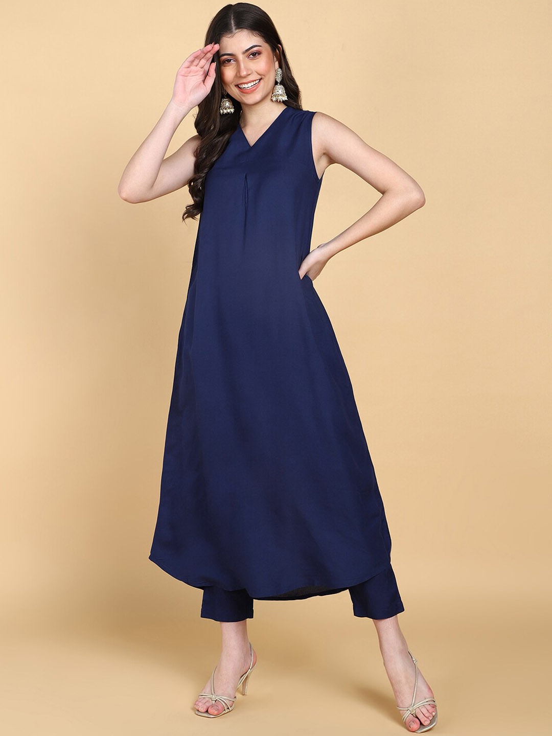 

KALINI V-Neck A-Line Kurta with Palazzos, Blue