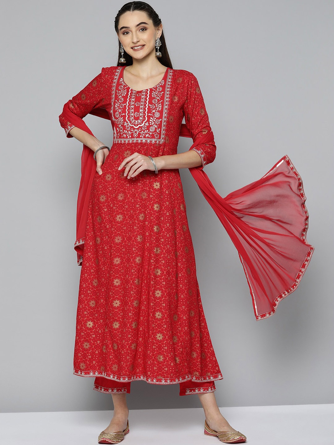 

KALINI Ethnic Motifs Printed Thread Work Kurta with Trousers & With Dupatta, Red