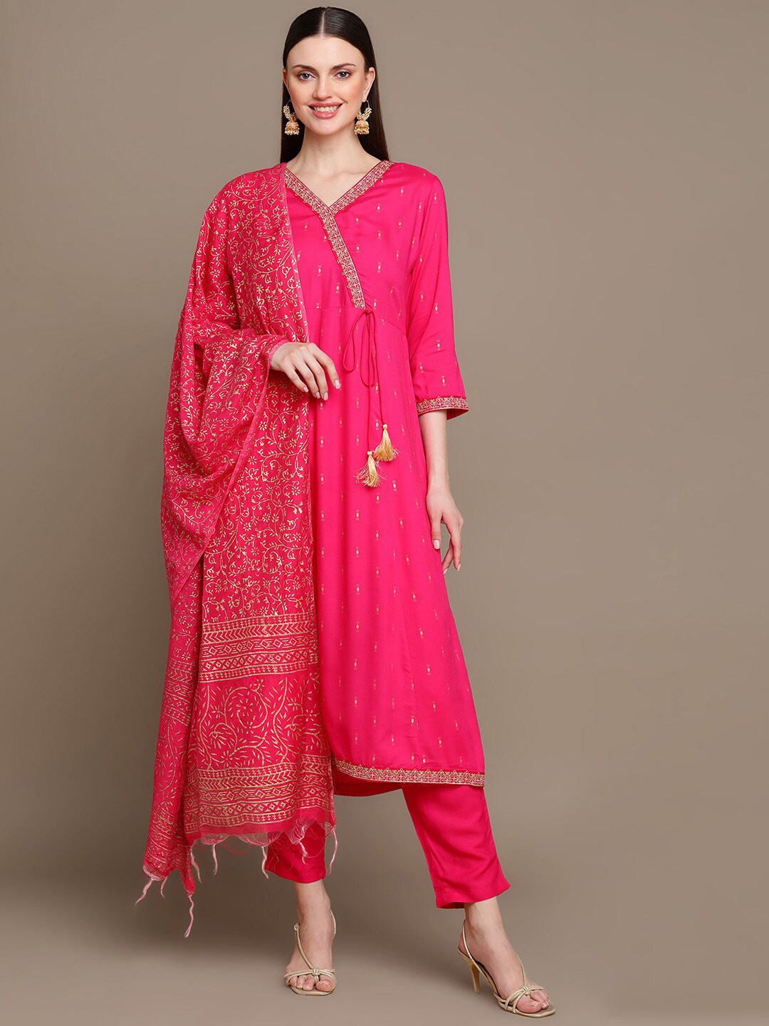 

KALINI Embroidered Angrakha Kurta with Trousers & With Dupatta, Pink